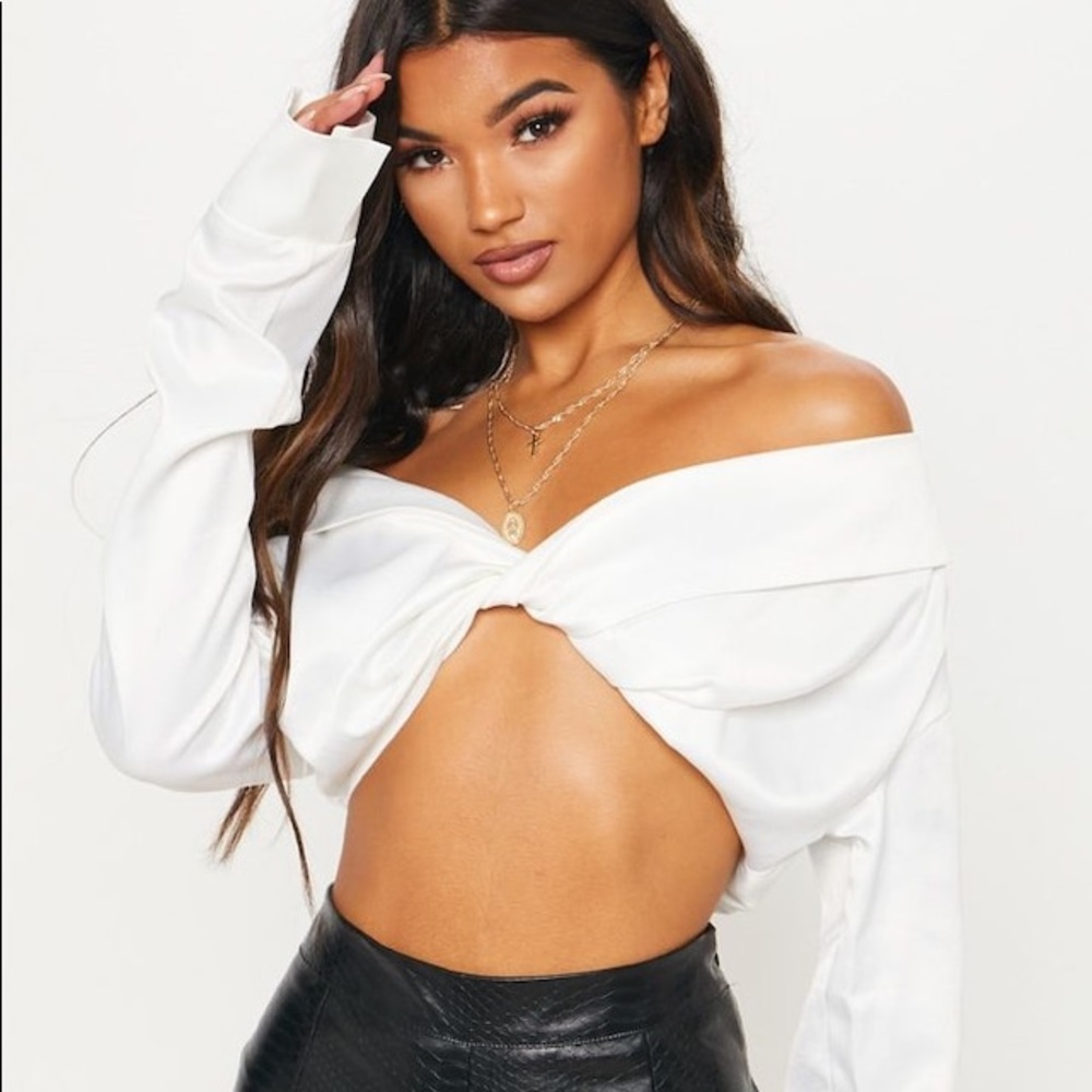 White Satin Bardot Twist Front Crop Blouse